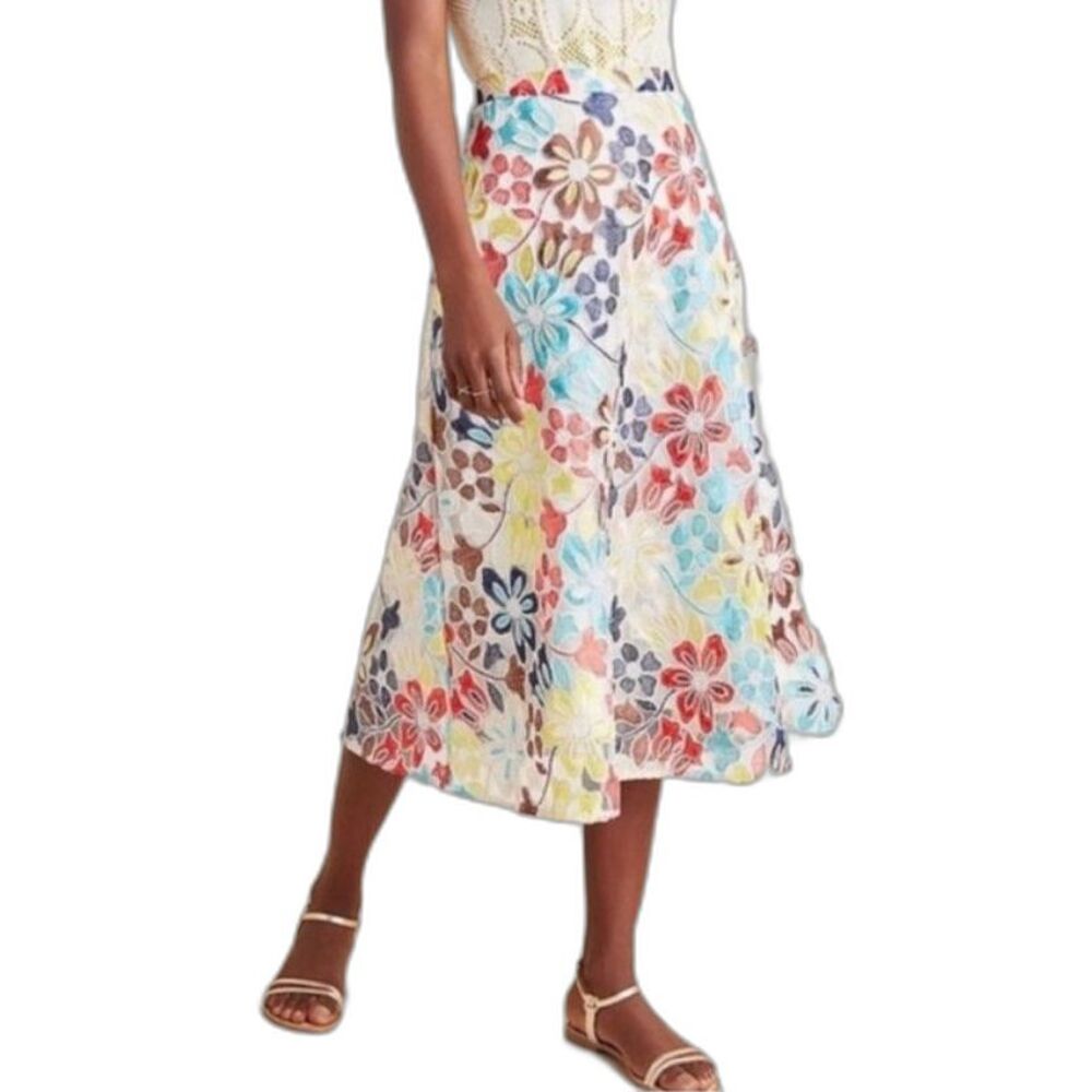 Eva Franco Anthropologie Women's Colorful Floral Embroidered Midi Skirt Size 10